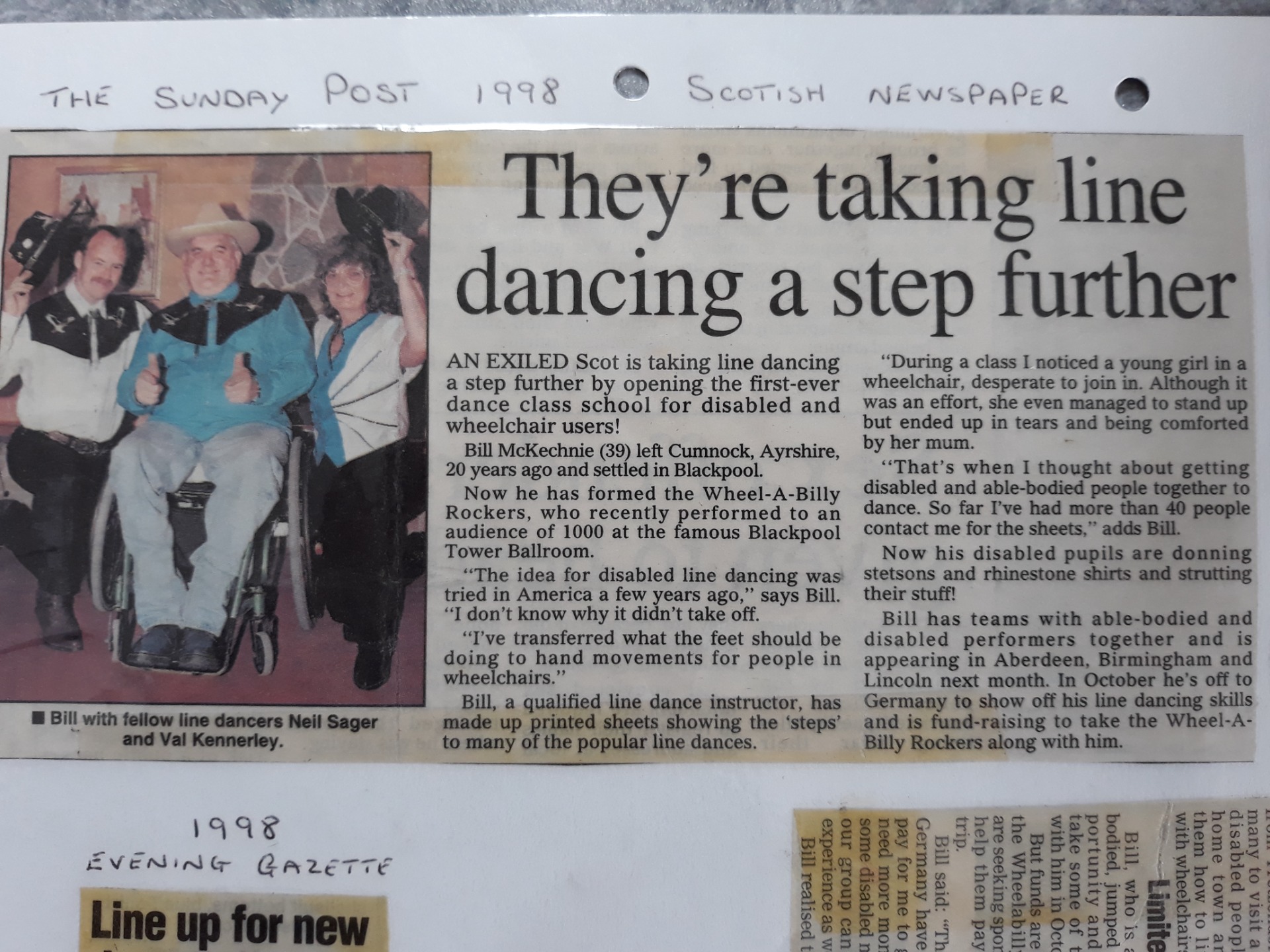 An article in the Sunday Post about William McKechnie alias Wild Bill giving people who are wheelchair bound the opportunity to join in with Line Dancing.